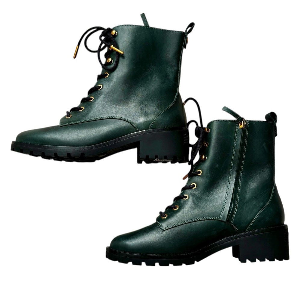 Ends 11/26 Tory Burch Dark Green Leather Combat Lug Sole Lace Up/Zip Boots